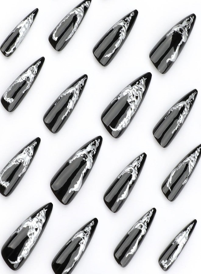 MISUD Press on Nails - Long Stiletto Glue on Nails with Goth Black, Acrylic 3D Silver Chrome Design 24 pcs - Image 4